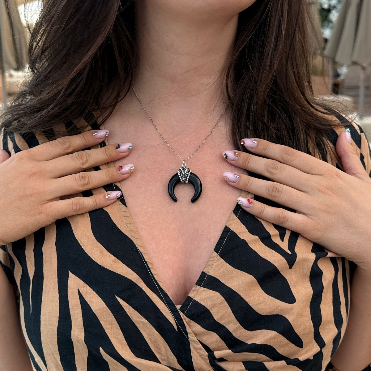 Black Obsidian horn pendant, genuine obsidian necklace, silver chain, boho chic jewelry