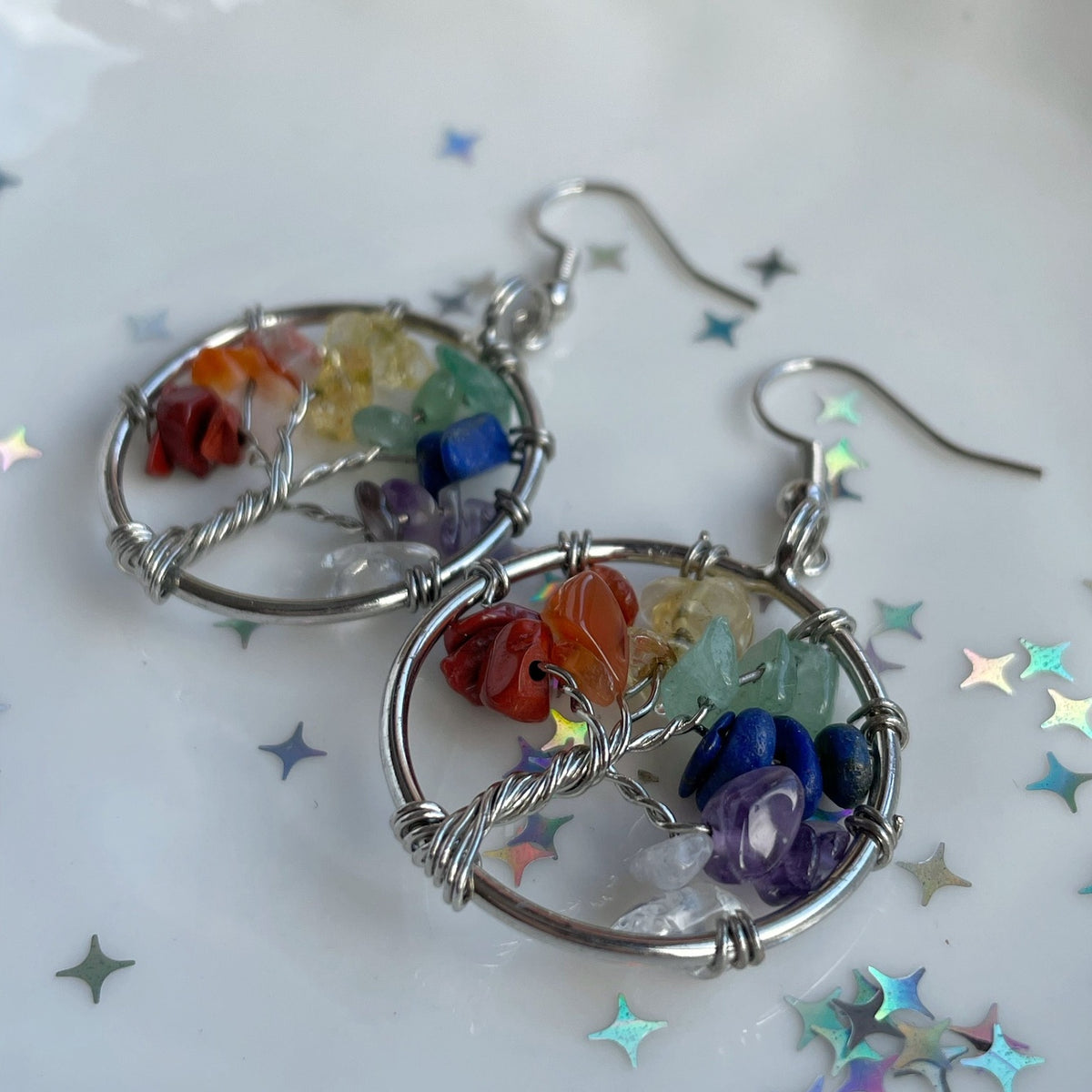 "Rainbow" Tree of Life 7 Chakra Crystal Earrings