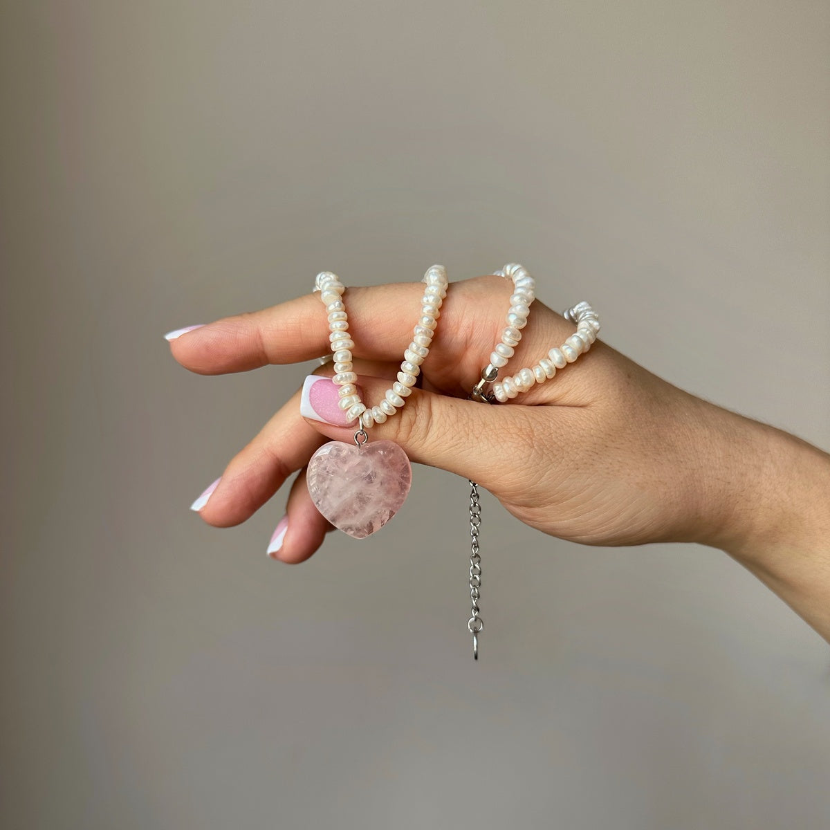 Romantic Pearl Choker with Rose Quartz Heart