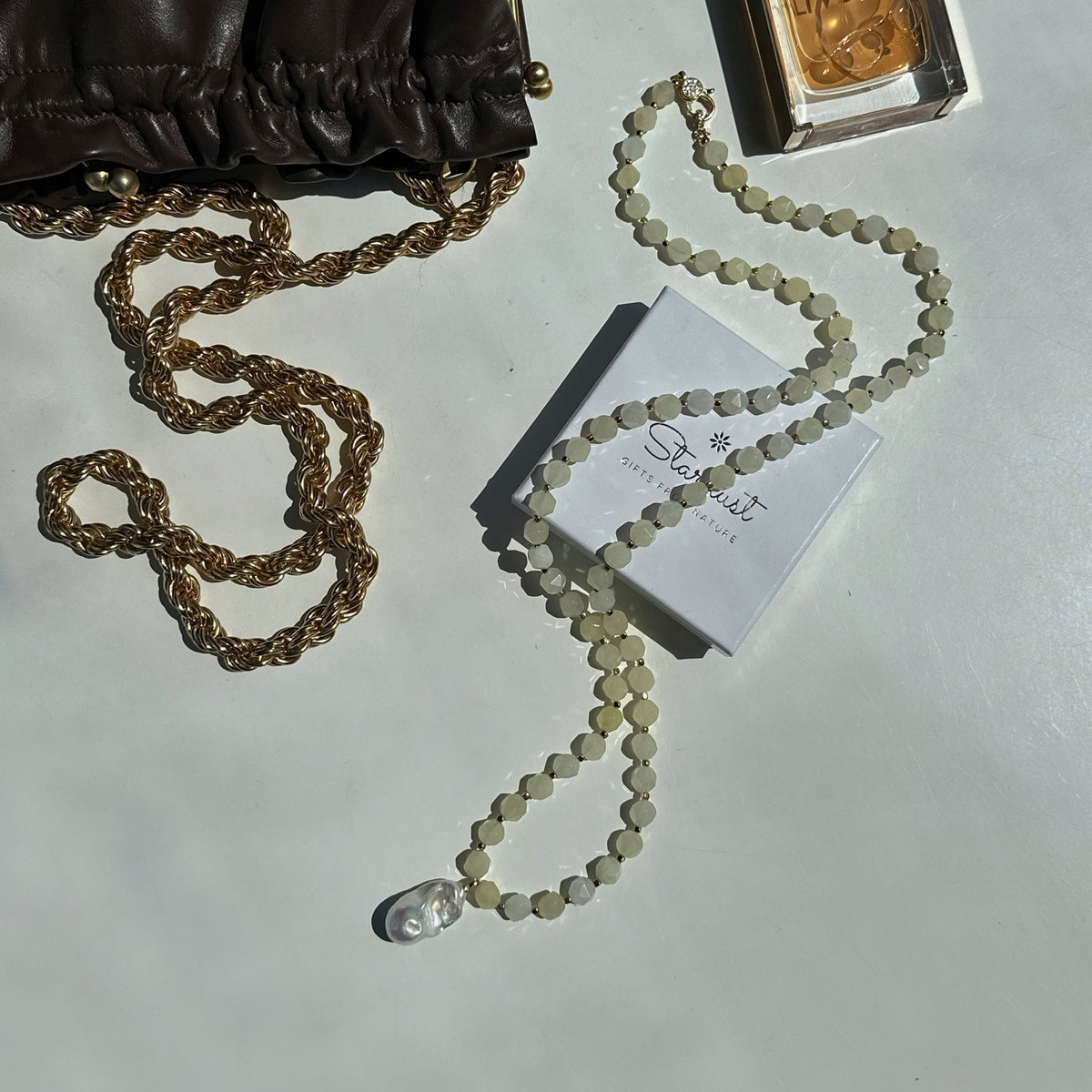 Long Yellow Agate Necklace with Baroque Pearl