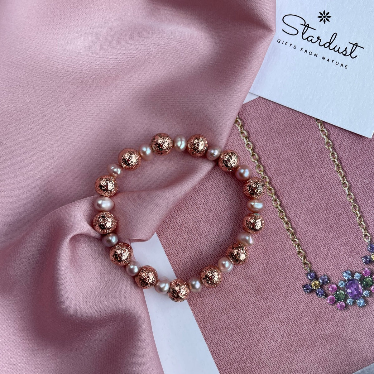 Natural Lavender & Pink Freshwater Pearl Bracelet | Rose Gold Lava Stone