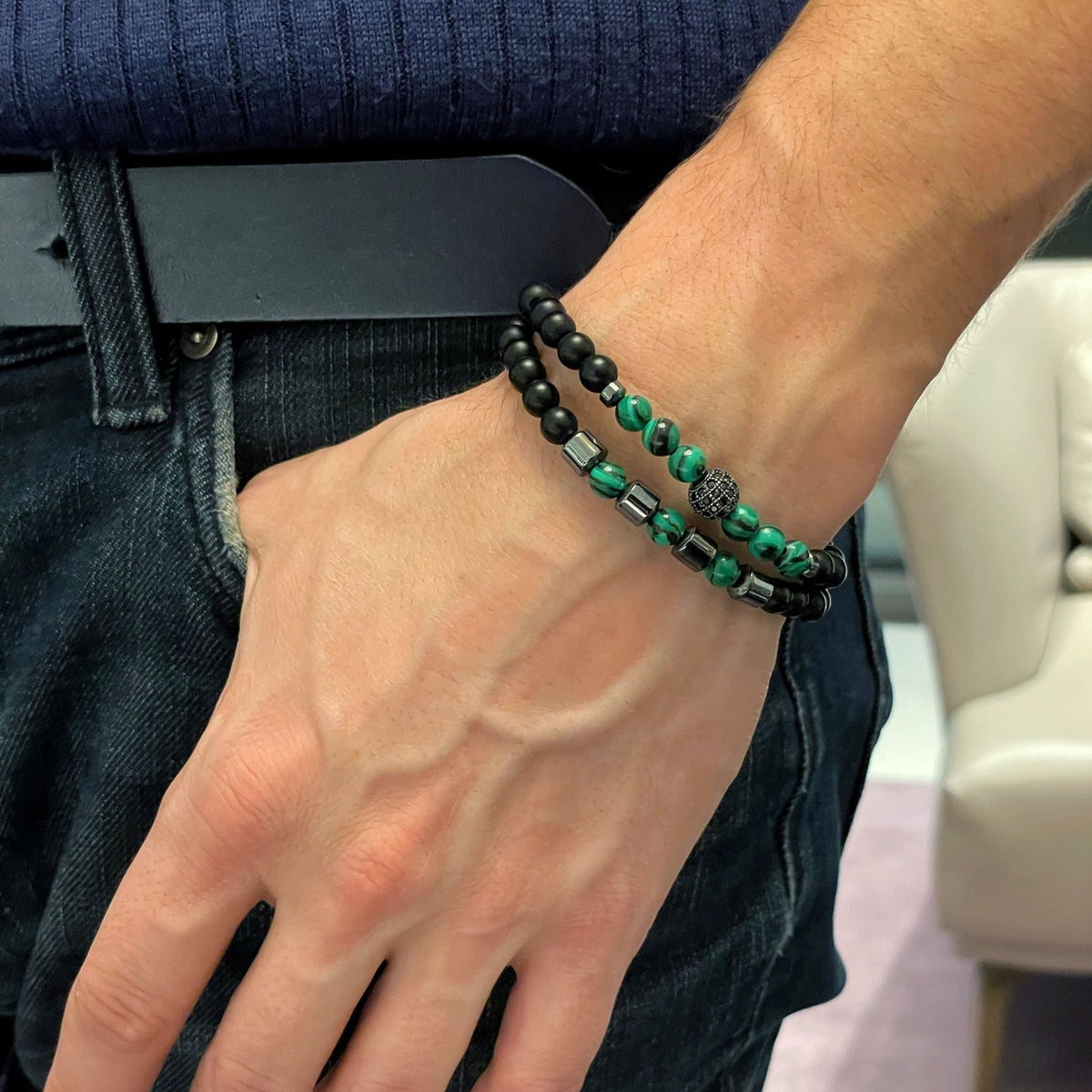 Green malachite mens bracelet set