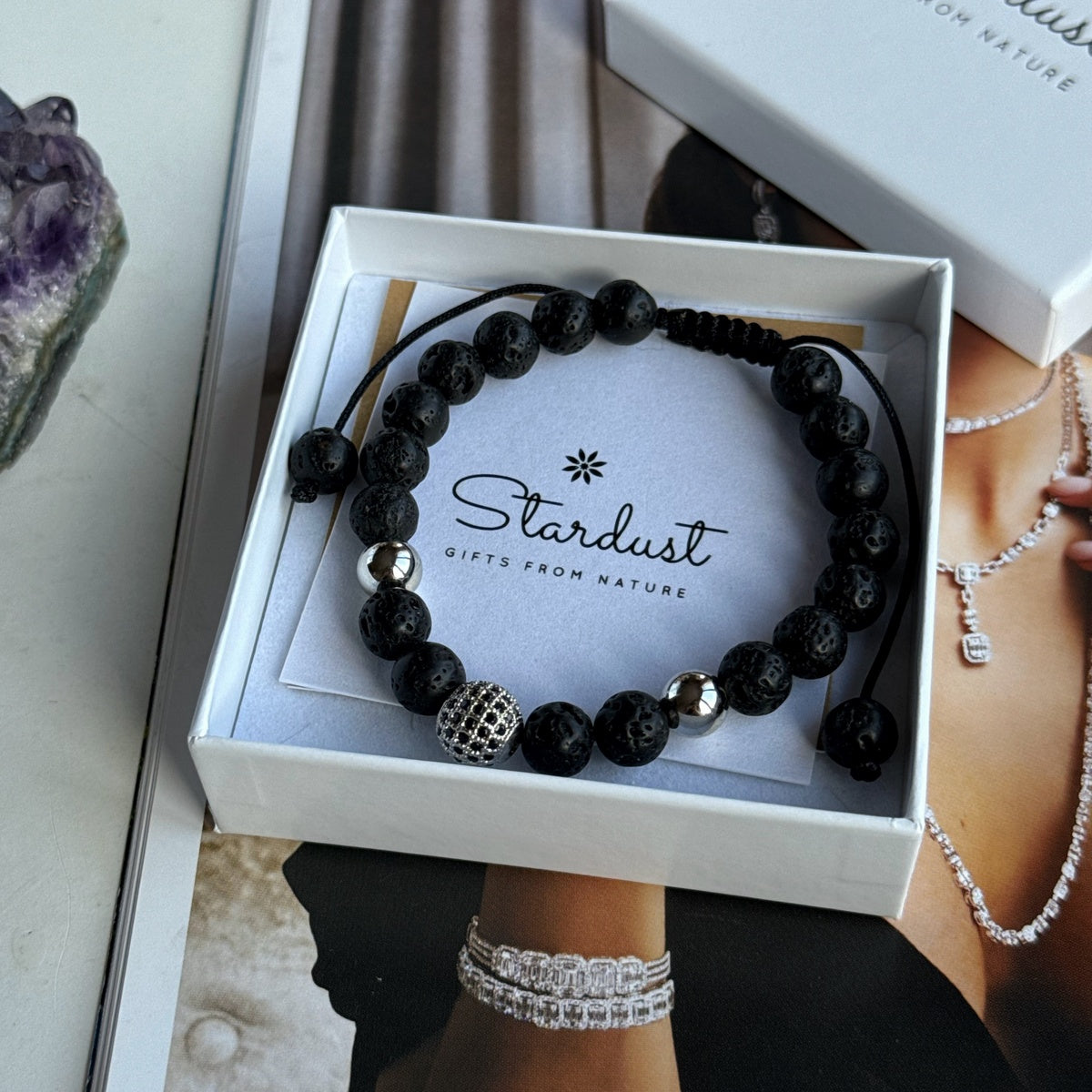 Premium Lava Stone Bracelet for Him | Steel Beads & Black Zircon Centerpiece