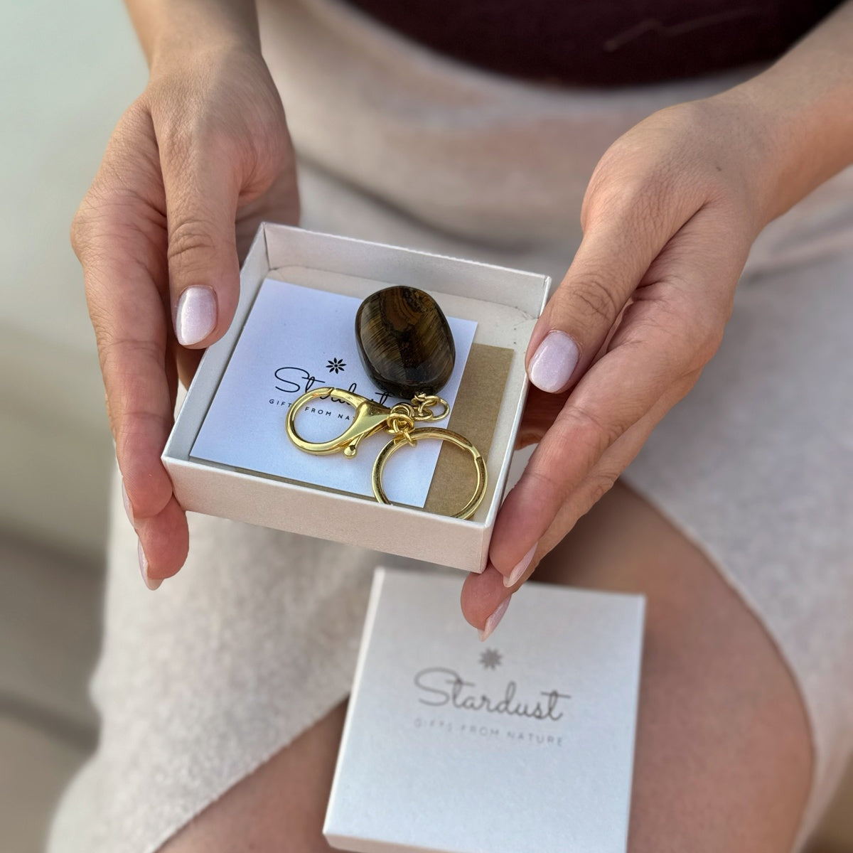 Natural Crystal Keychain, Large Tumbled Gemstone Keychain, Crystal Gift, Gold Keyring with Clasp