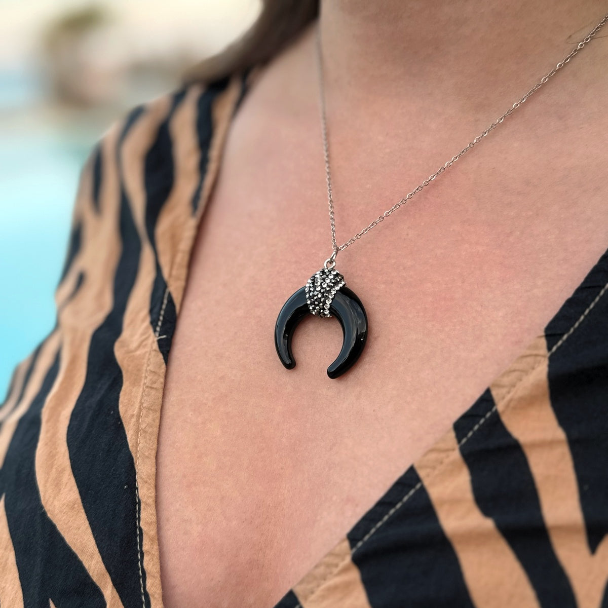 Black Obsidian horn pendant, genuine obsidian necklace, silver chain, boho chic jewelry