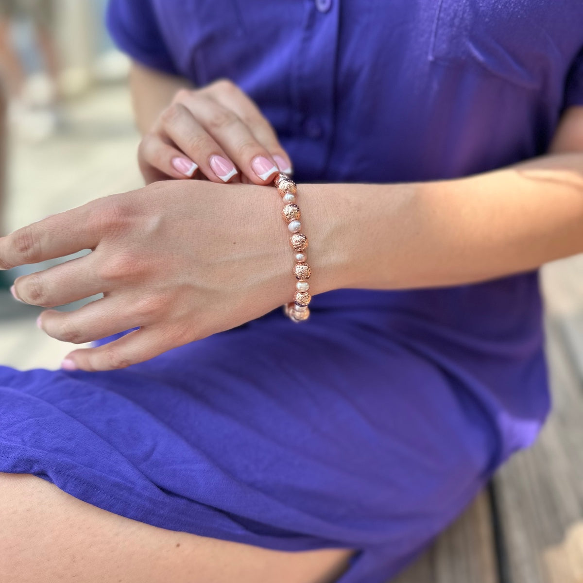 Natural Lavender & Pink Freshwater Pearl Bracelet | Rose Gold Lava Stone