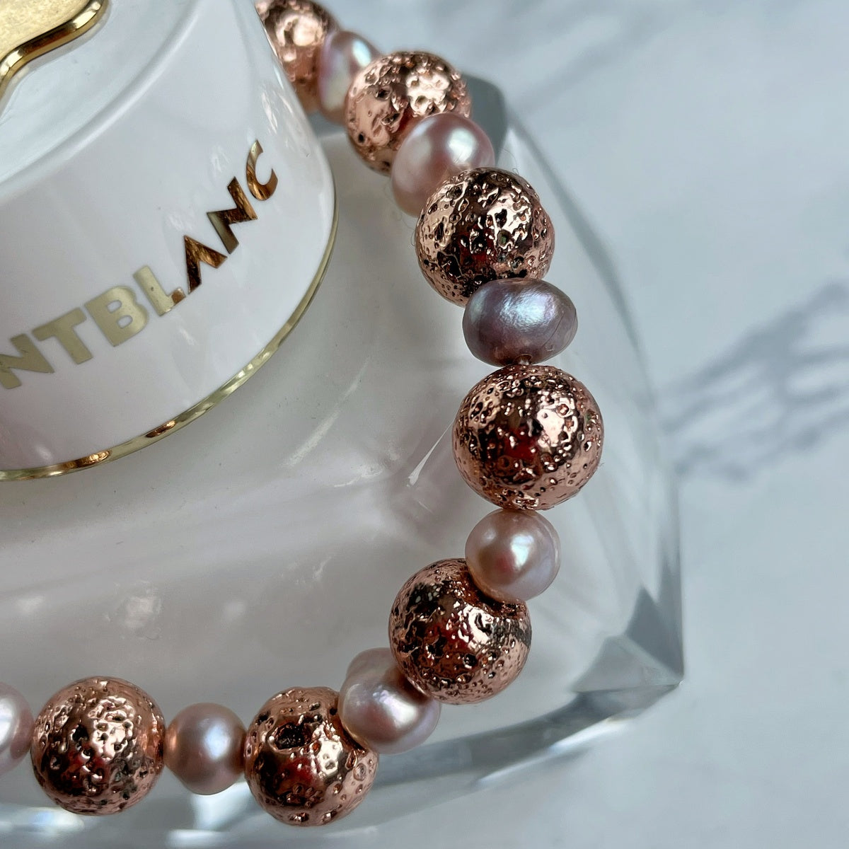 Natural Lavender & Pink Freshwater Pearl Bracelet | Rose Gold Lava Stone