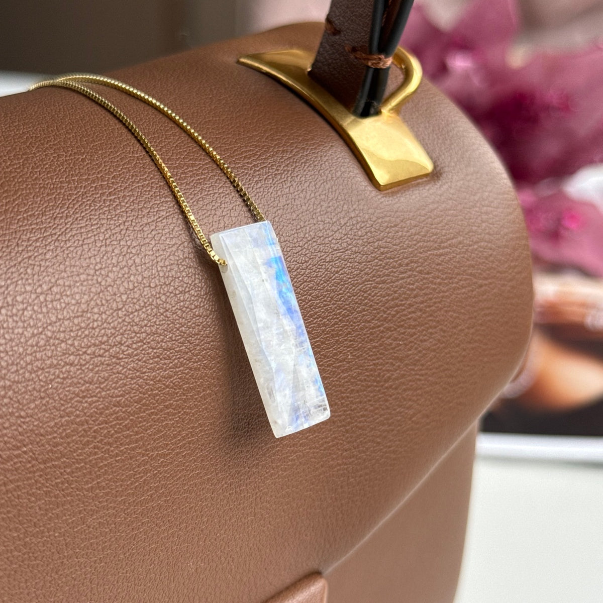 Rainbow Moonstone Bar Necklace 3cm | 18K Gold Plated