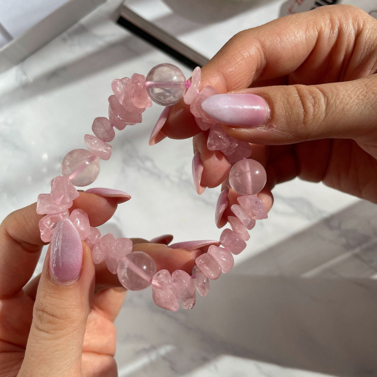 Madagascar Rose Quartz Bracelet | Deep Pink Crystal Chips