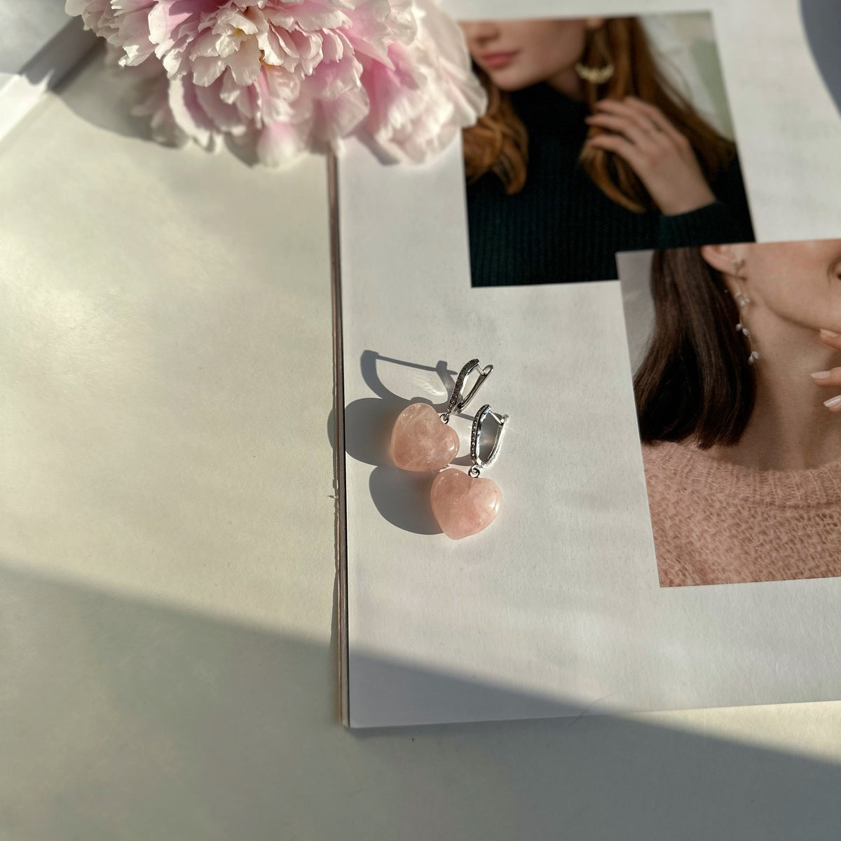 Rose Quartz Heart Earrings | Rhodium-Plated & Sparkling Zirconia