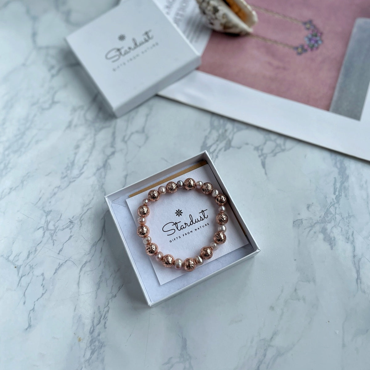 Natural Lavender & Pink Freshwater Pearl Bracelet | Rose Gold Lava Stone