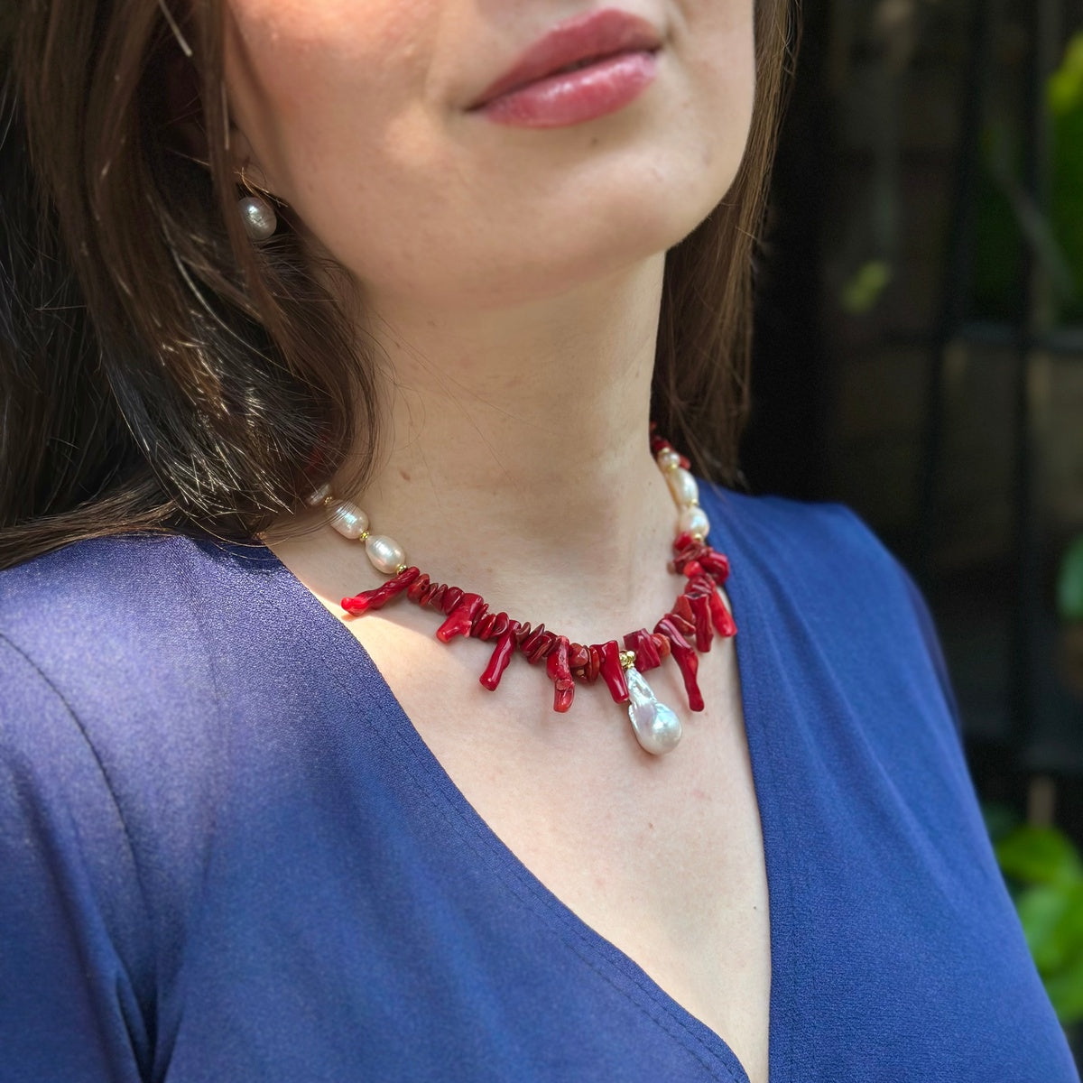 Statement Red Coral & Baroque Pearl Necklace