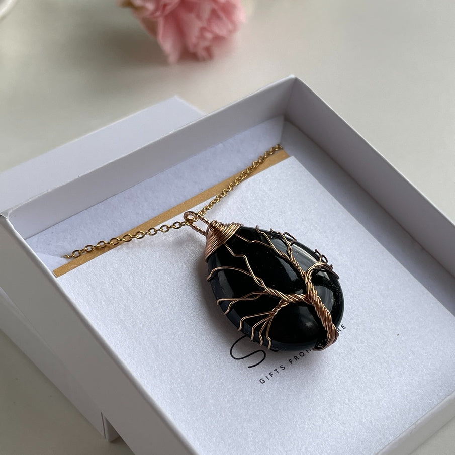 Obsidian Pendant, gold wired Tree Of Life pendant