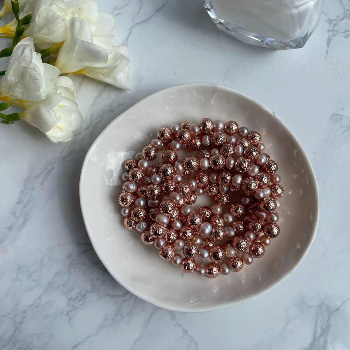 Natural Lavender & Pink Freshwater Pearl Bracelet | Rose Gold Lava Stone