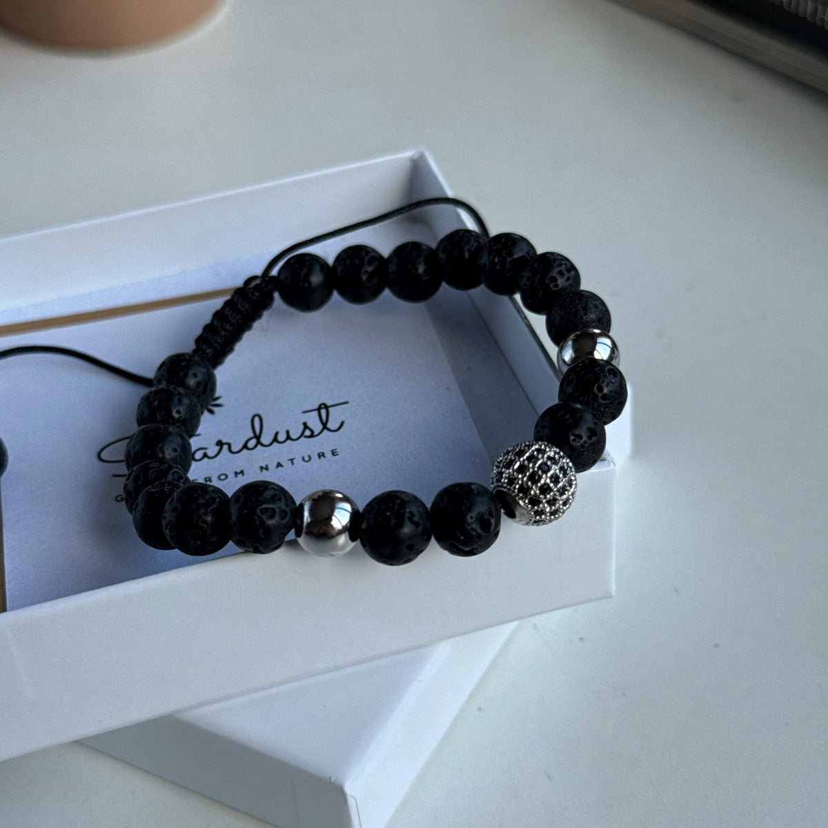 Premium Lava Stone Bracelet for Him | Steel Beads & Black Zircon Centerpiece