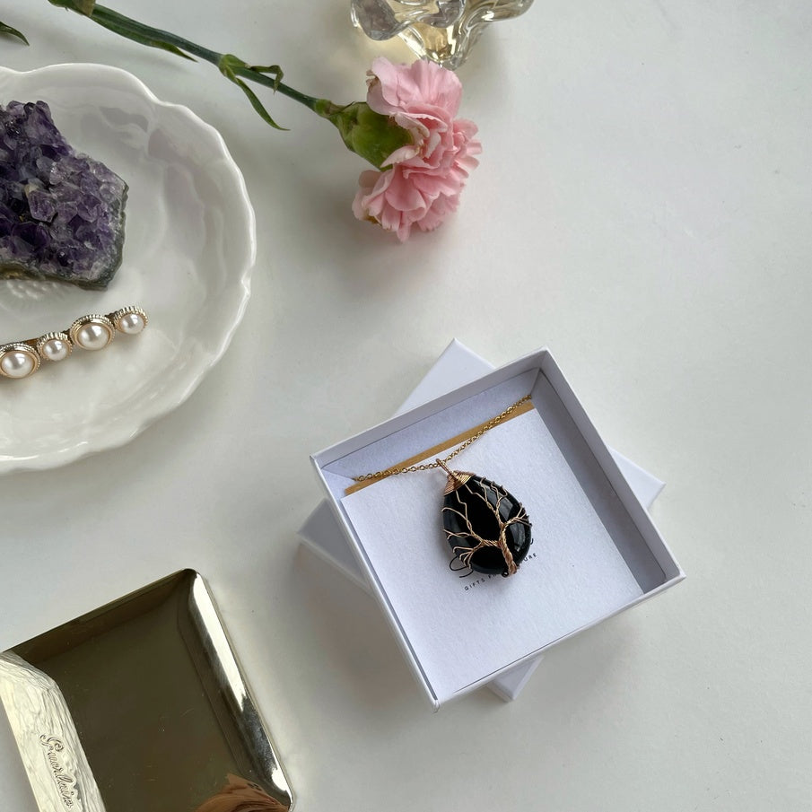 Obsidian Pendant, gold wired Tree Of Life pendant