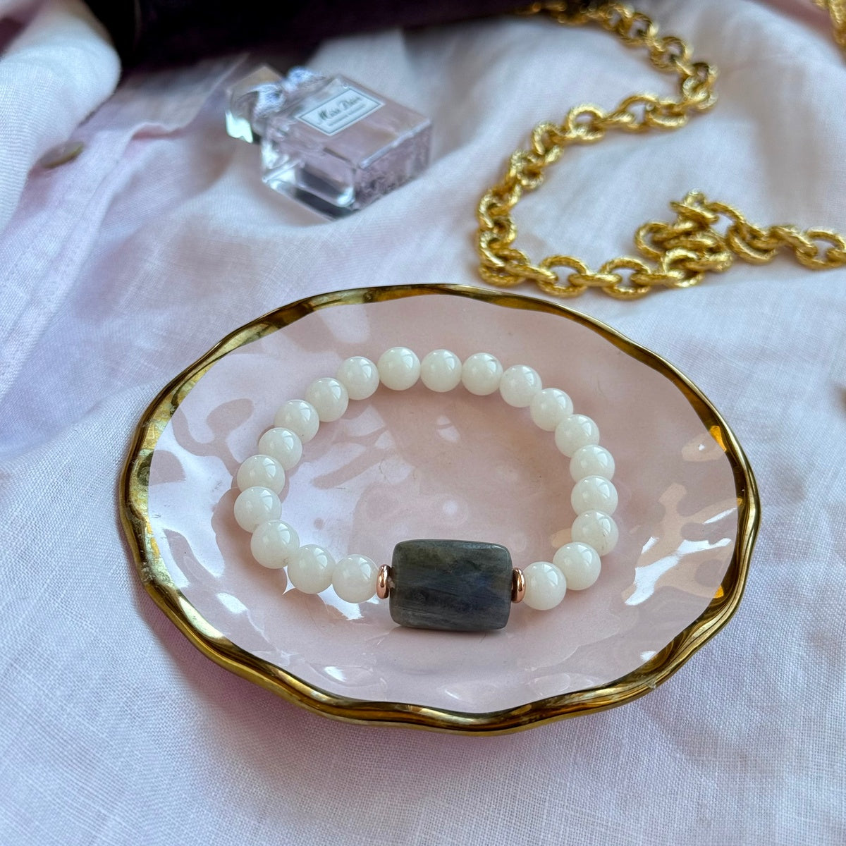 Natural Labradorite & Beige Jade Bracelet 8mm | Rose Gold