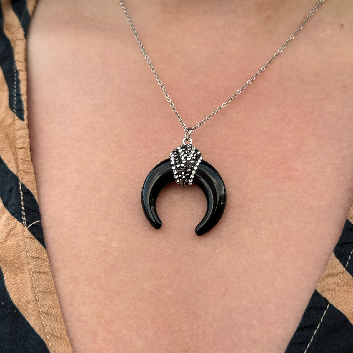 Black Obsidian horn pendant, genuine obsidian necklace, silver chain, boho chic jewelry