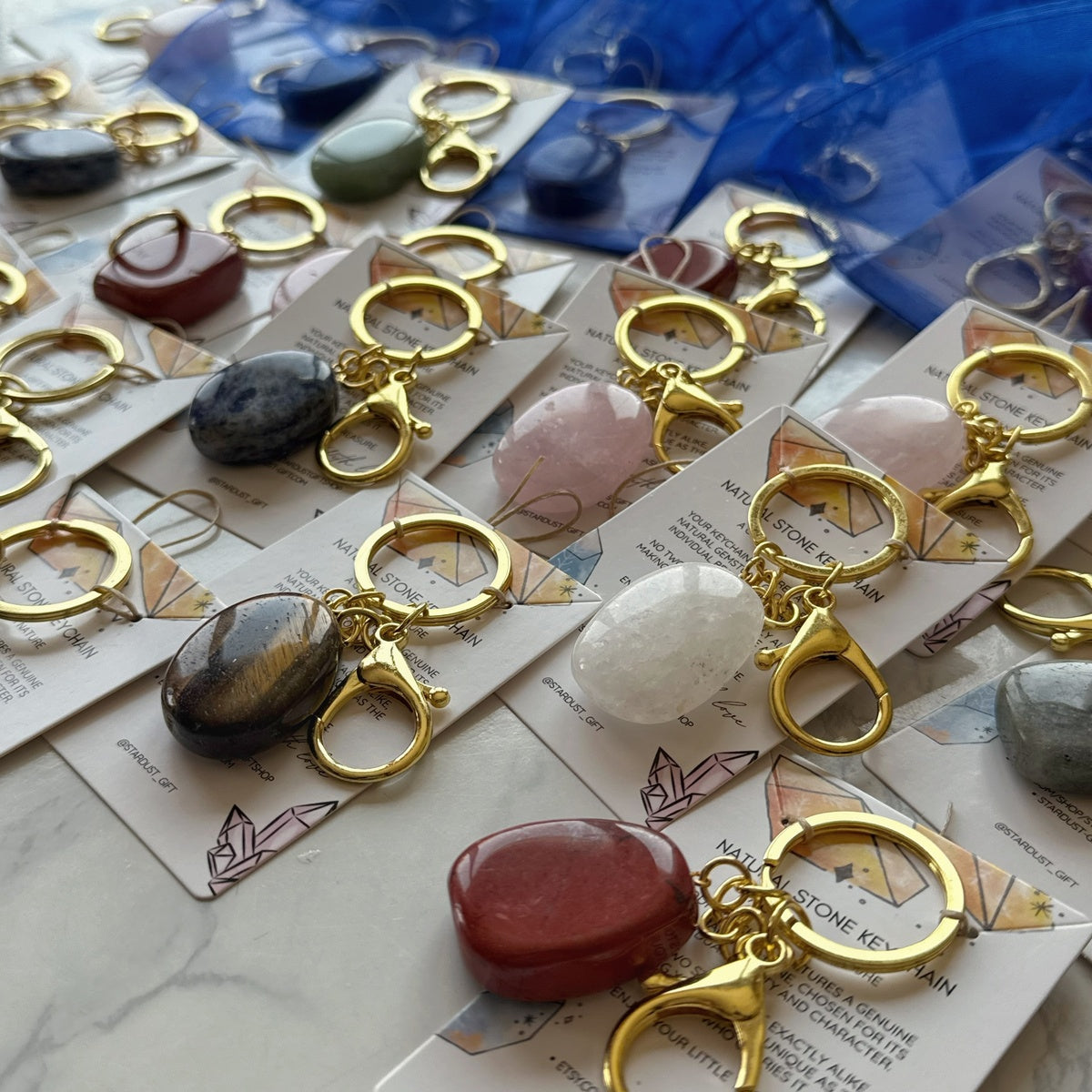 Natural Crystal Keychain, Large Tumbled Gemstone Keychain, Crystal Gift, Gold Keyring with Clasp