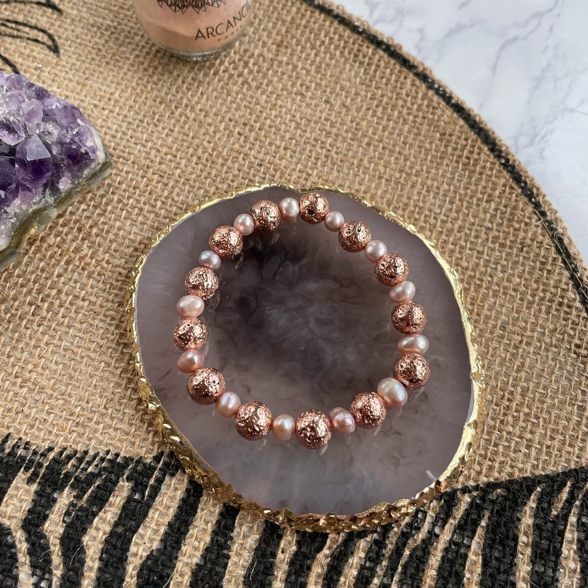 Natural Lavender & Pink Freshwater Pearl Bracelet | Rose Gold Lava Stone