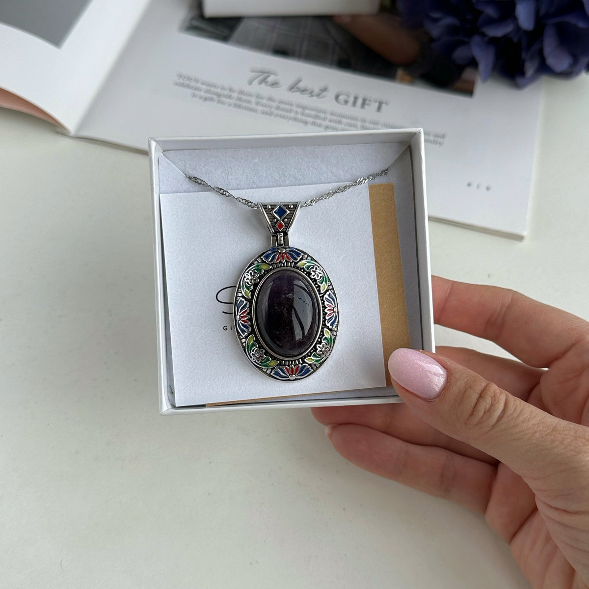 Vintage Floral Frame Gemstone Necklace | Natural Stone Pendant