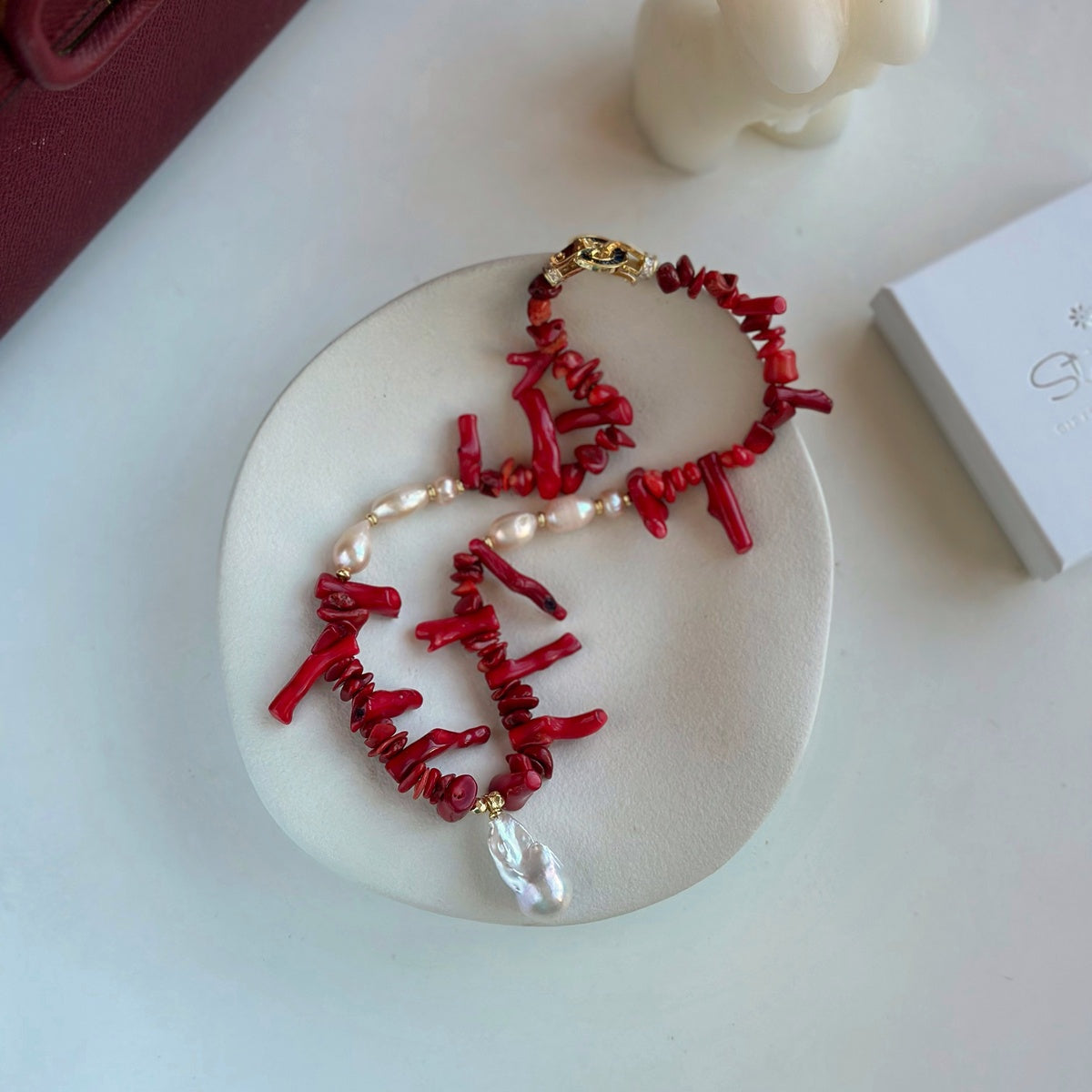 Statement Red Coral & Baroque Pearl Necklace