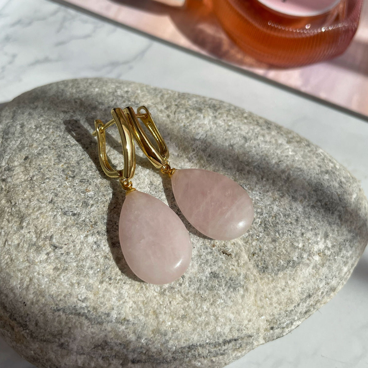 Rose Quartz drop earrings gold