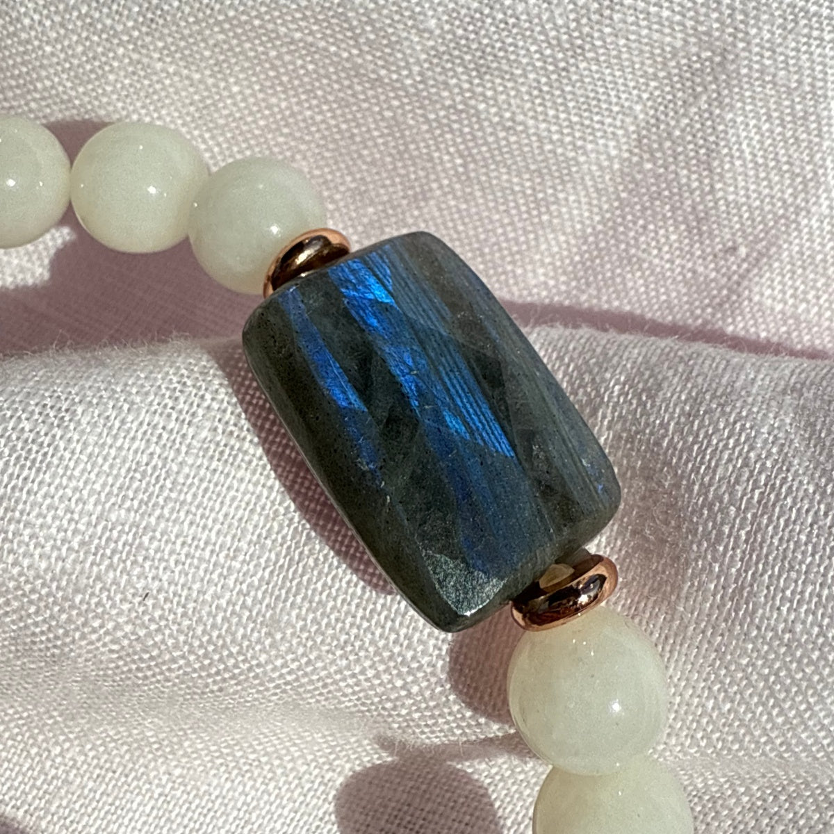 Natural Labradorite & Beige Jade Bracelet 8mm | Rose Gold