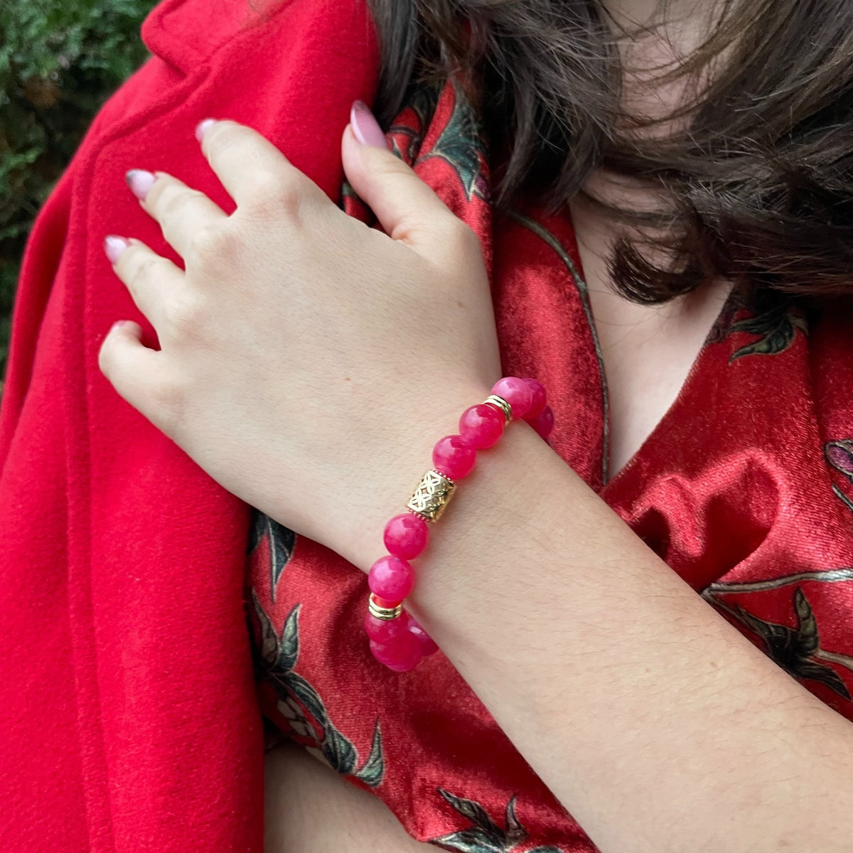 Hot Pink Jade Bracelet | 18K Gold-Plated Beaded Jewelry