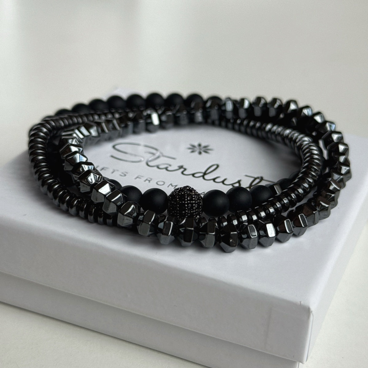 Men’s Black Onyx & Hematite Bracelet Set | Black Zircon