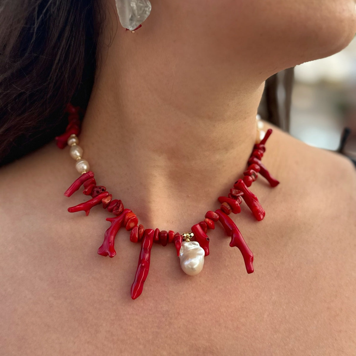 Statement Red Coral & Baroque Pearl Necklac,| Boho Chic Jewelry, Summer Necklace