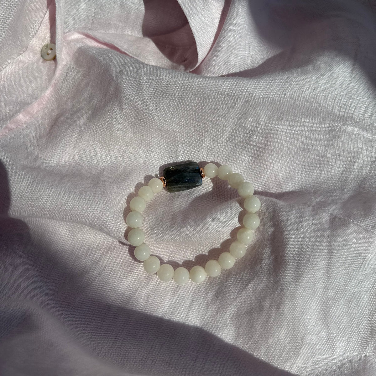 Natural Labradorite & Beige Jade Bracelet 8mm | Rose Gold