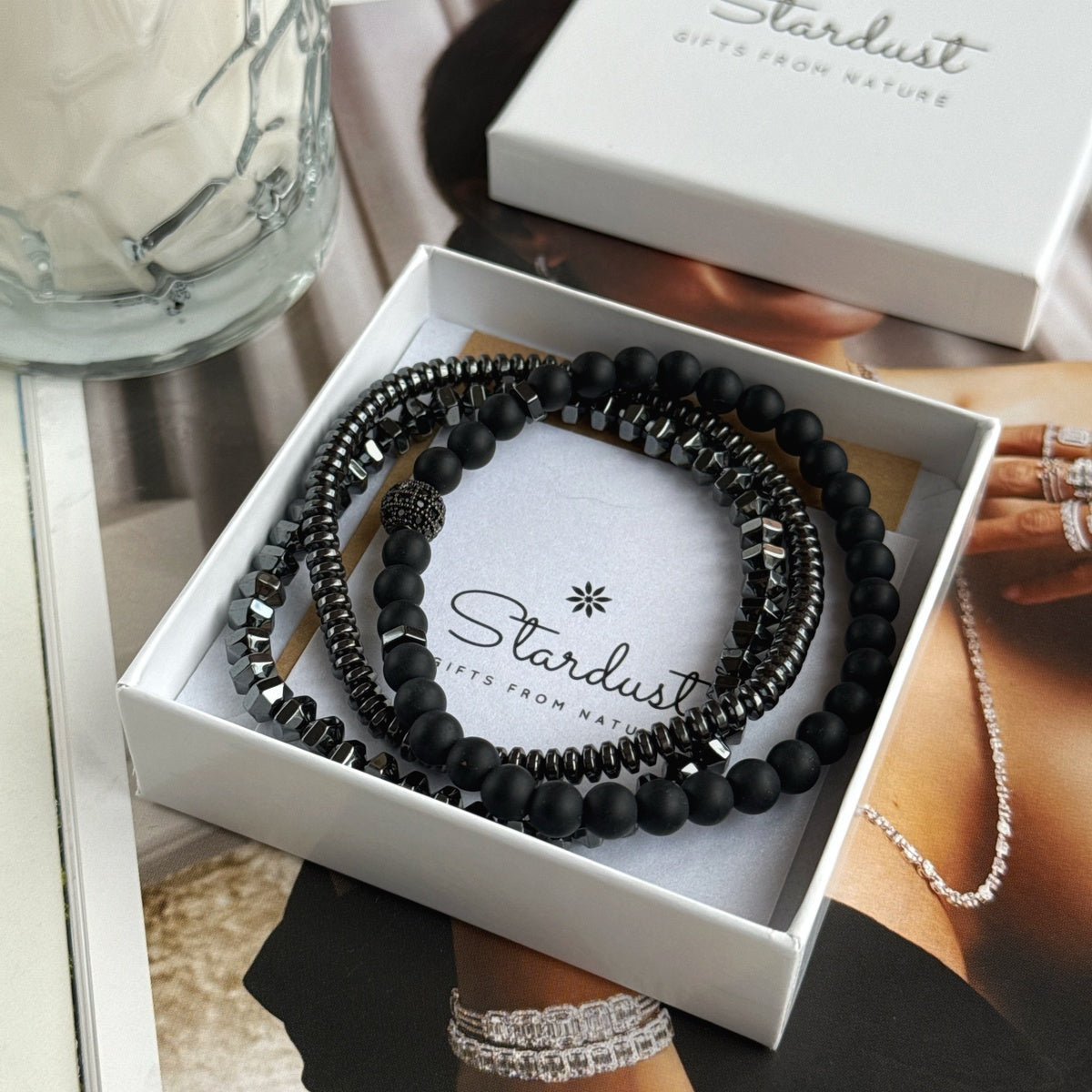 Men’s Black Onyx & Hematite Bracelet Set | Black Zircon