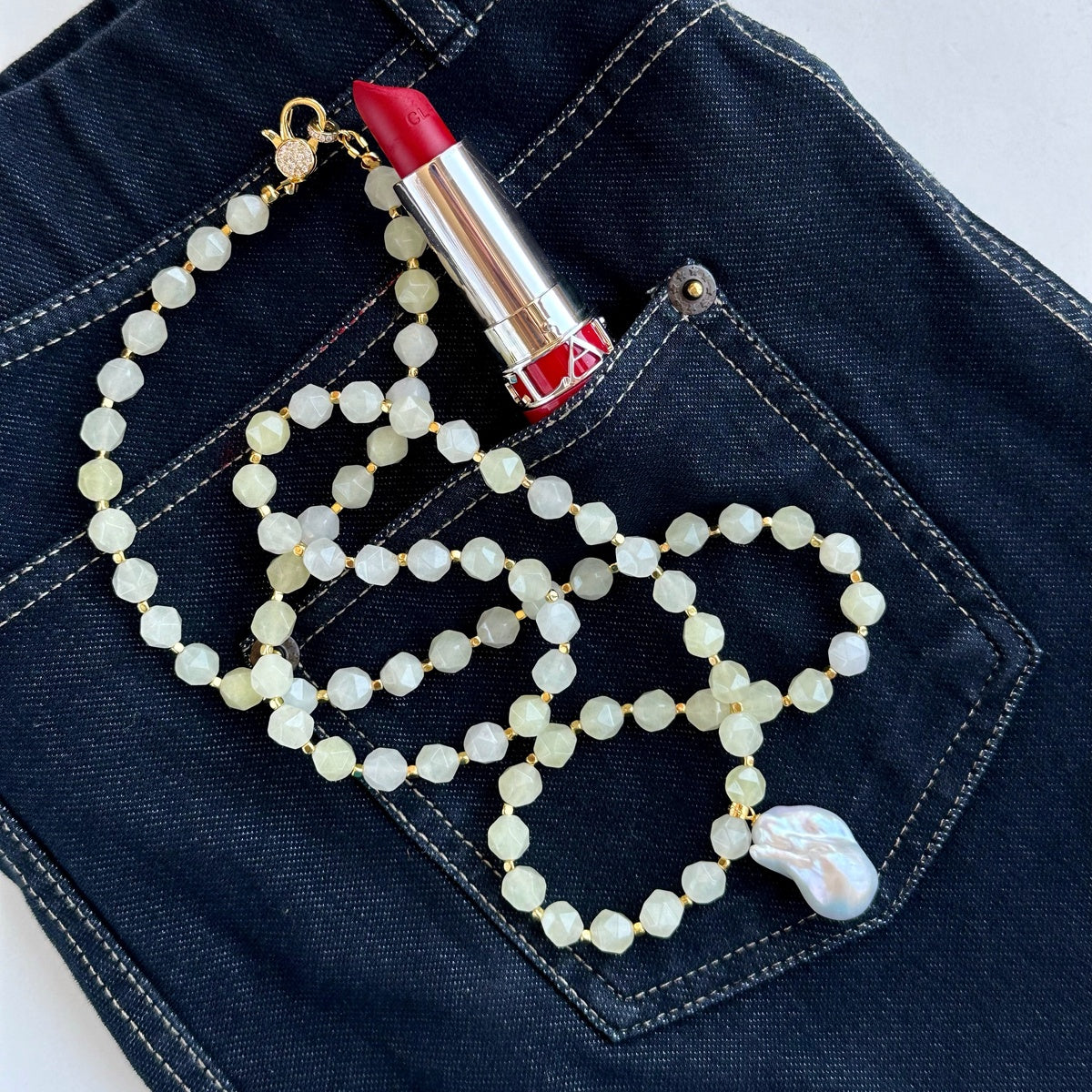 Long Yellow Agate Necklace with Baroque Pearl