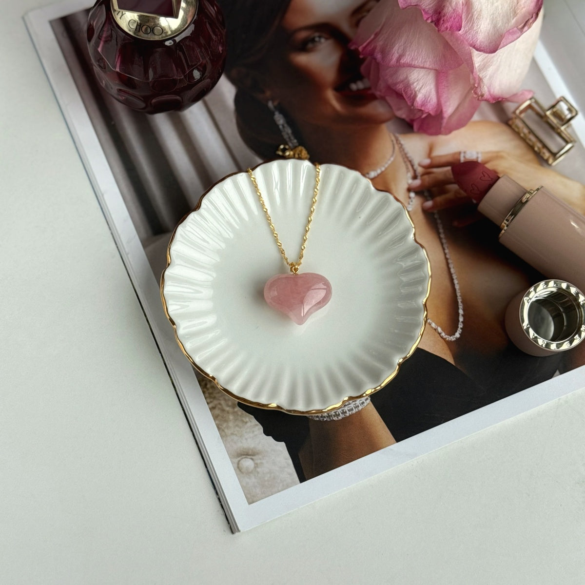 Natural Deep Pink Madagascar Rose Quartz Heart Pendant | Gold & Silver