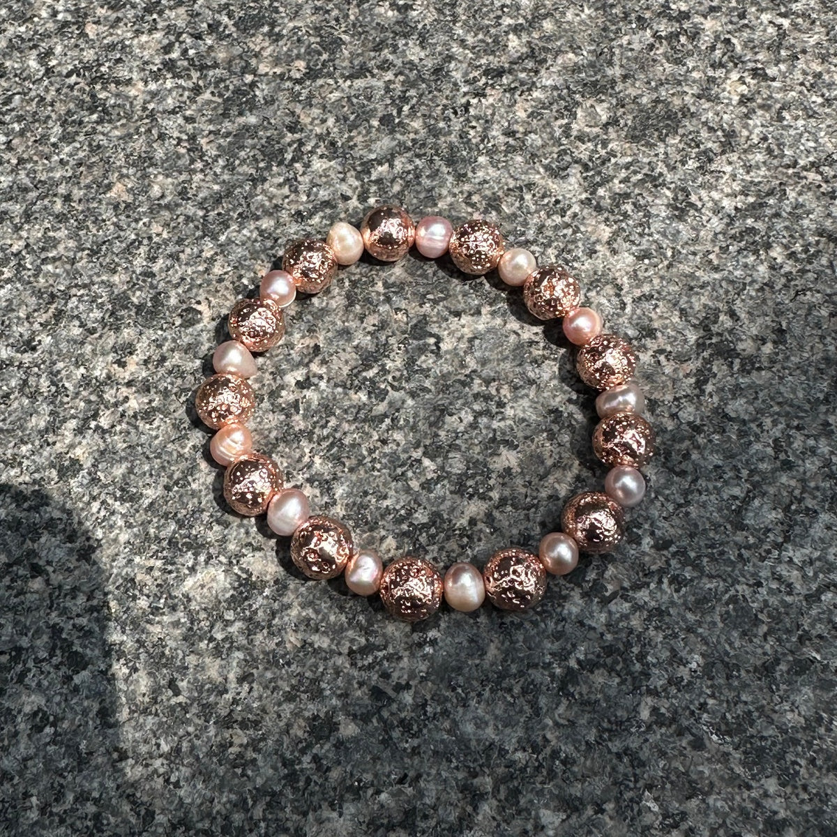 Natural Lavender & Pink Freshwater Pearl Bracelet | Rose Gold Lava Stone