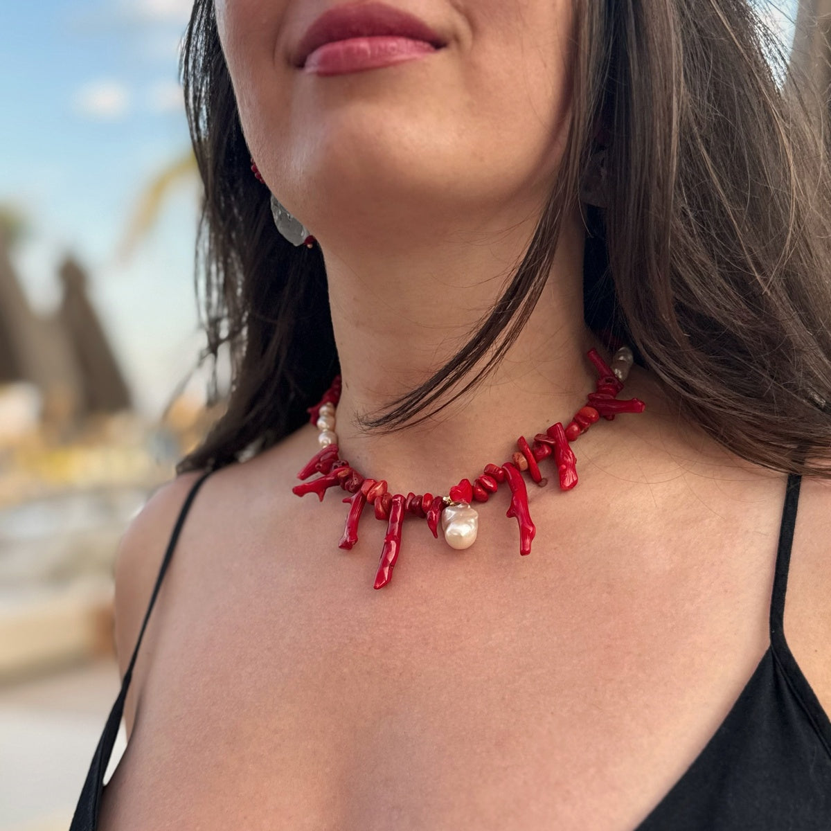 Statement Red Coral & Baroque Pearl Necklac,| Boho Chic Jewelry, Summer Necklace