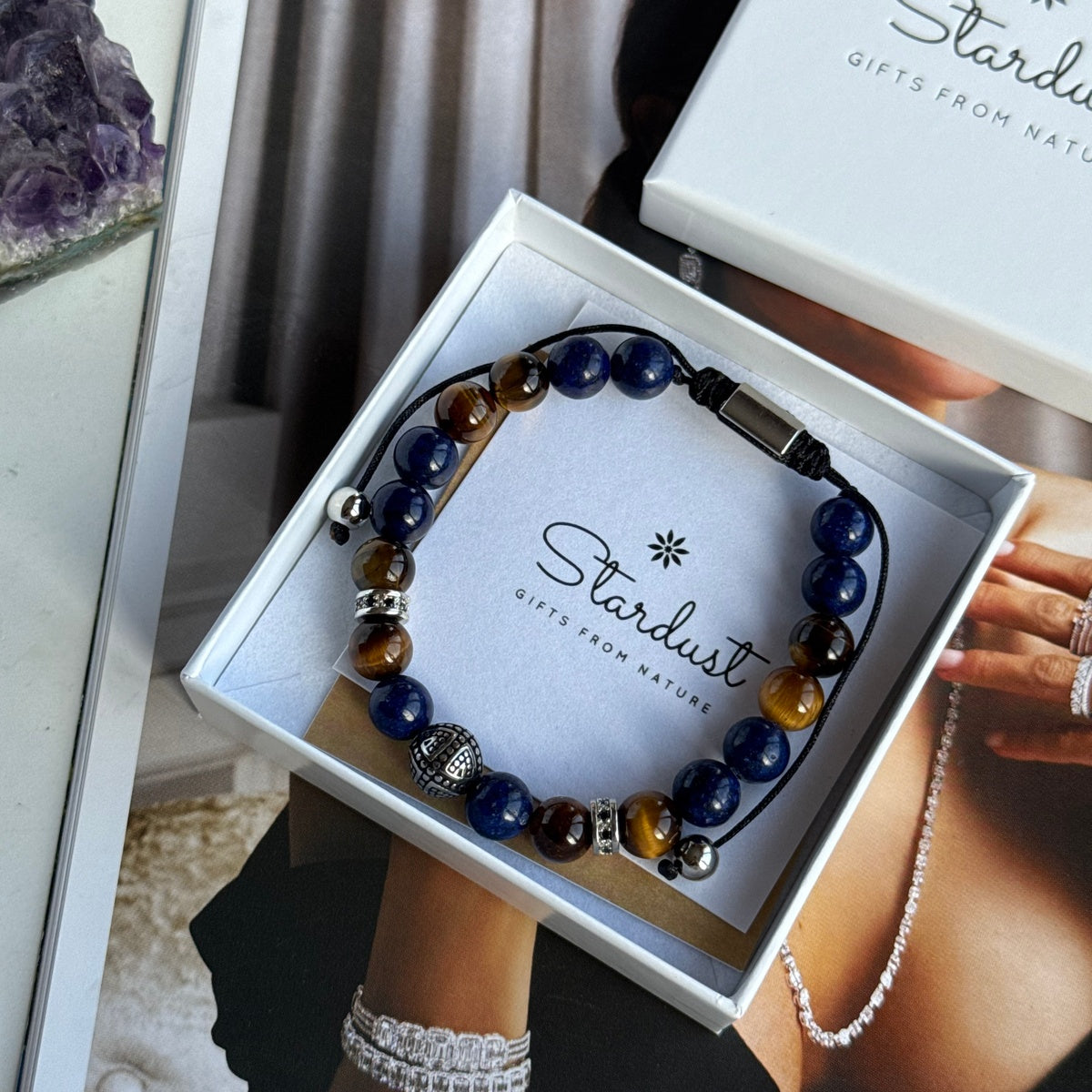 Luxury Men’s Bracelet with Lapis Lazuli & Tiger Eye | Center Bead with Zircons