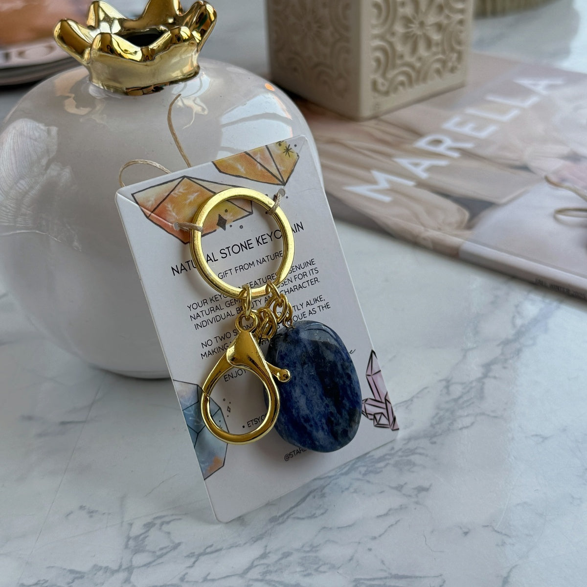 Natural Crystal Keychain, Large Tumbled Gemstone Keychain, Crystal Gift, Gold Keyring with Clasp