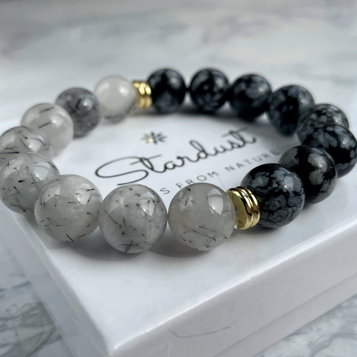 Snowflake Obsidian & Rutilated Quartz Bracelet | 18K Gold Accents