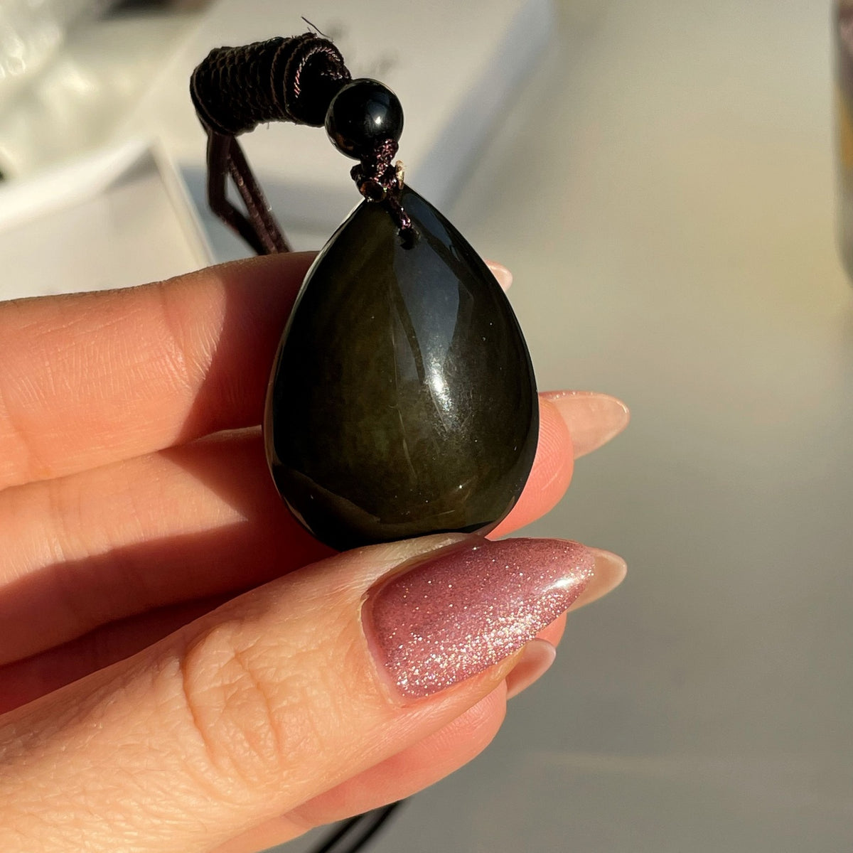 Natural Sheen Obsidian drop pendant necklace on silk rope