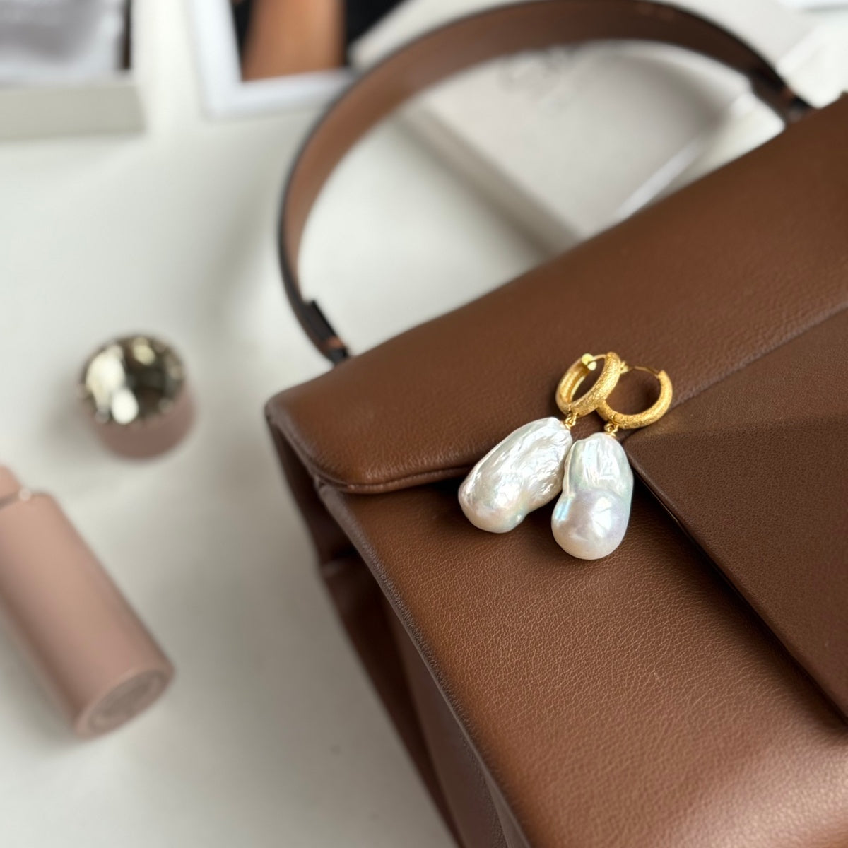 18k gold plated Baroque Pearl hoop earrings