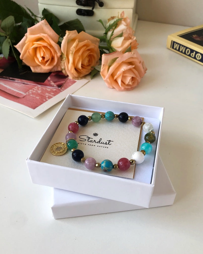 HARMONY | Colorful Gemstone Bracelet with Gold Coin Charm