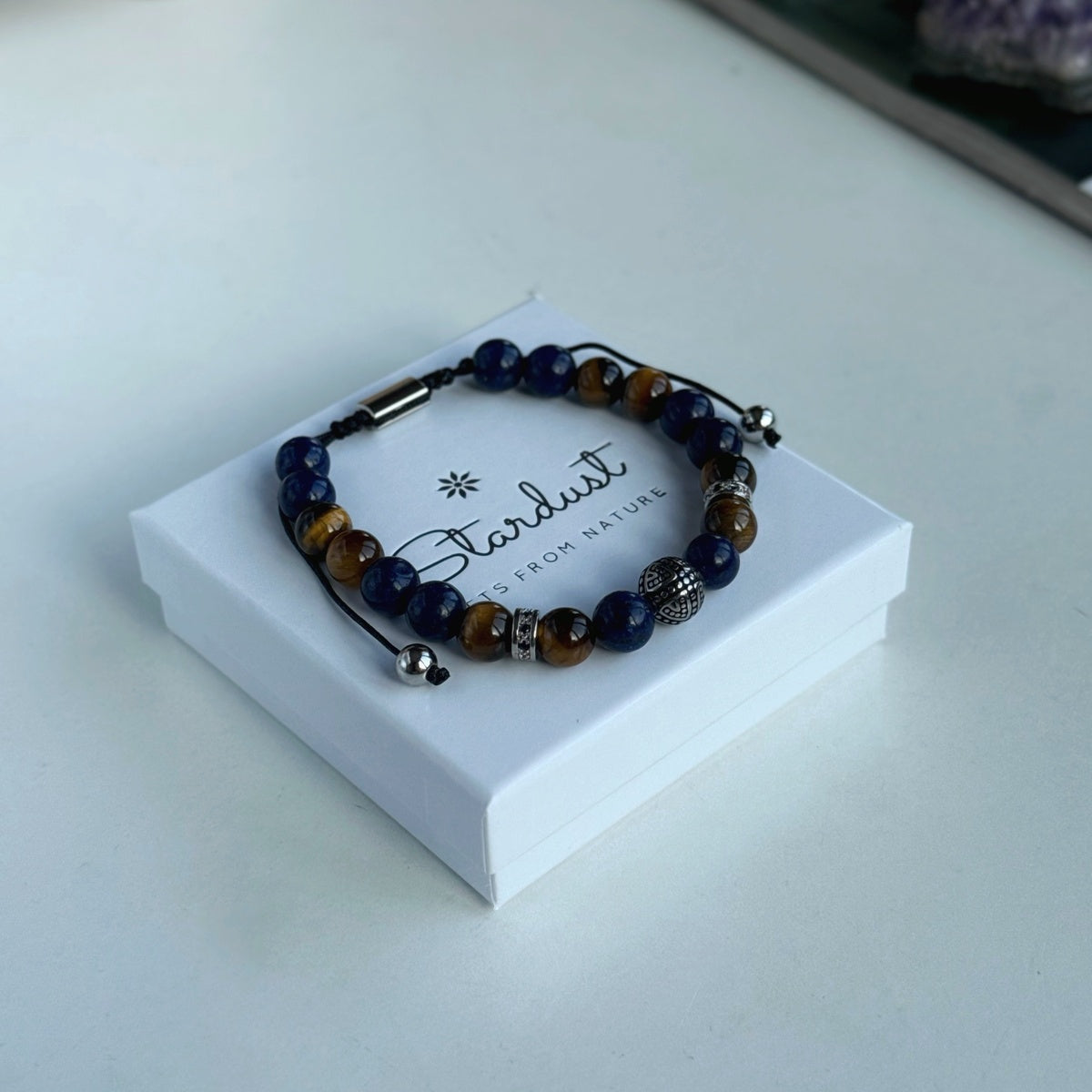 Luxury Men’s Bracelet with Lapis Lazuli & Tiger Eye | Center Bead with Zircons
