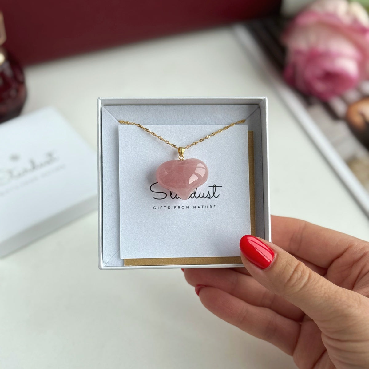 Natural Deep Pink Madagascar Rose Quartz Heart Pendant | Gold & Silver