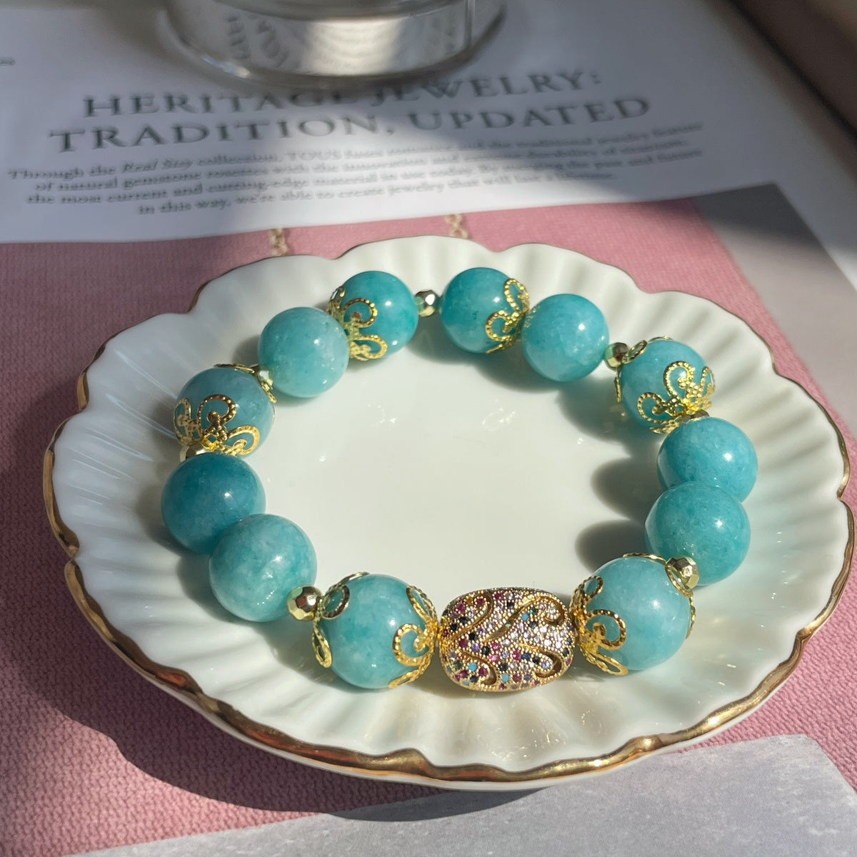 Luxury Amazonite Bracelet | Gold Filigree & Colorful Zircon Accents