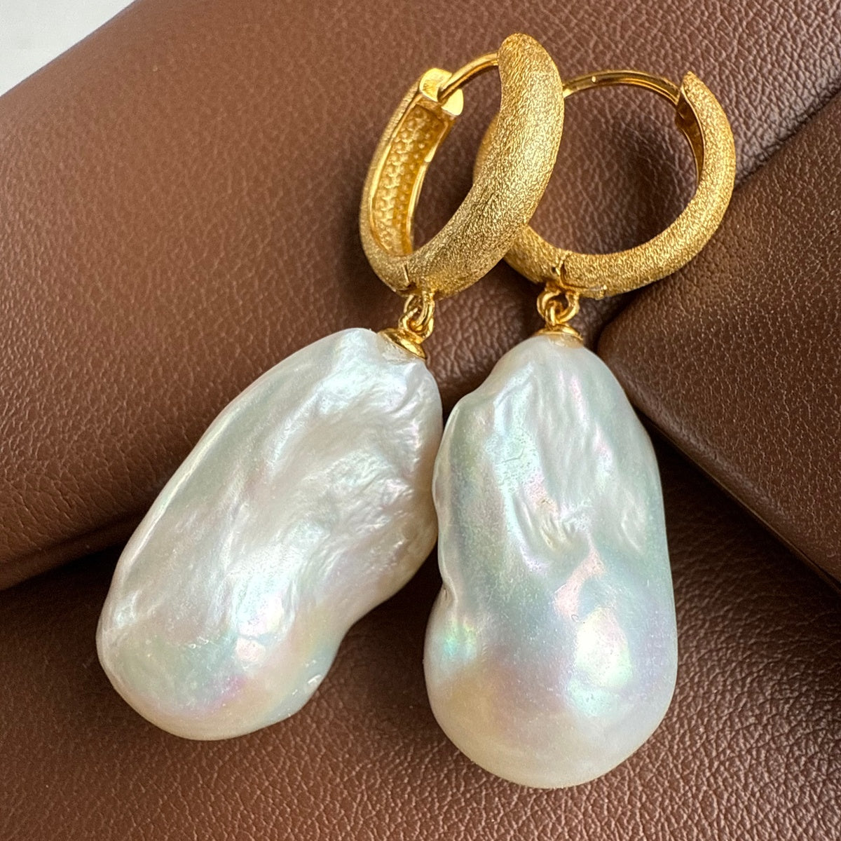 18k gold plated Baroque Pearl hoop earrings