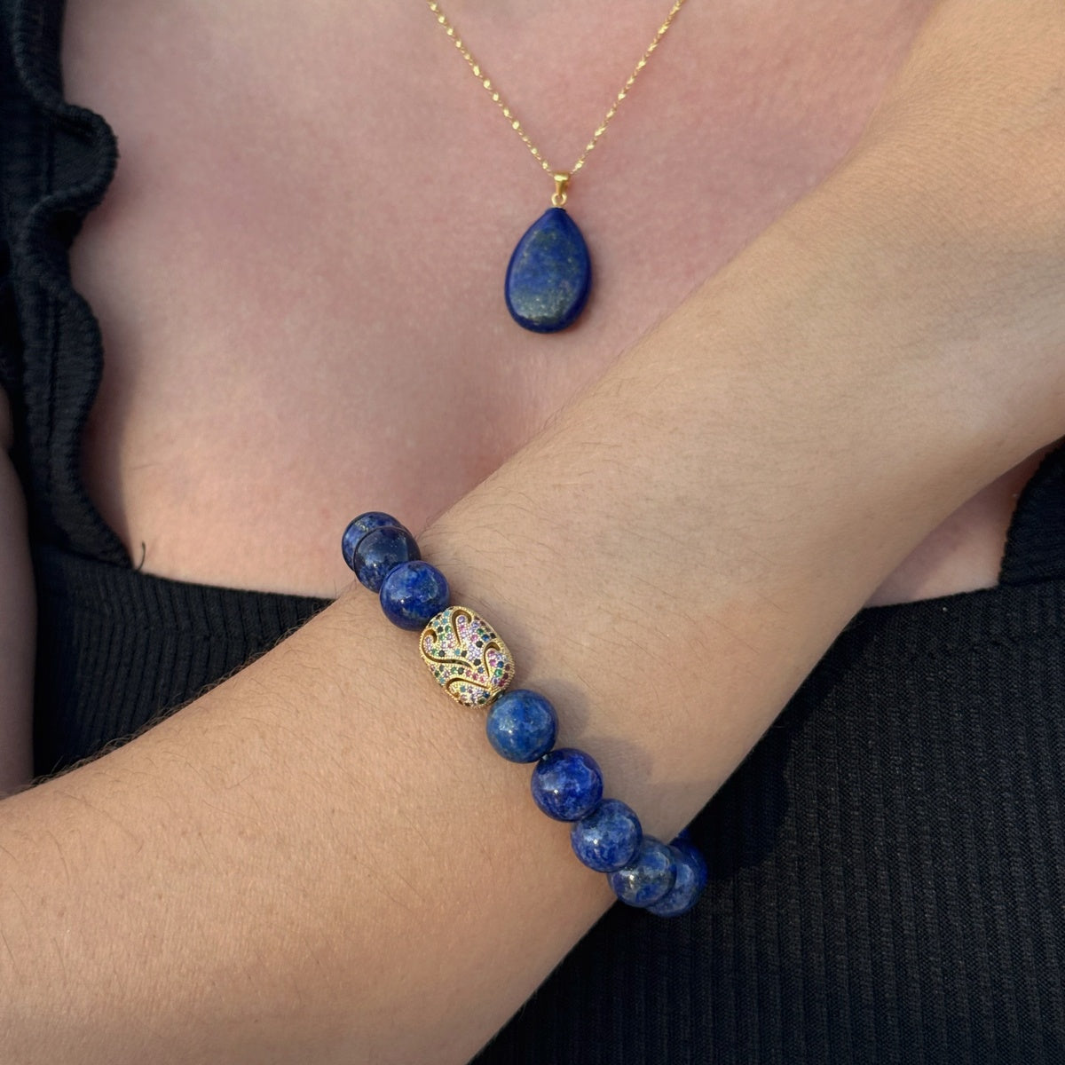 Luxury Lapis Lazuli Bracelet with Zircon Charm | Natural Gemstone Jewelry