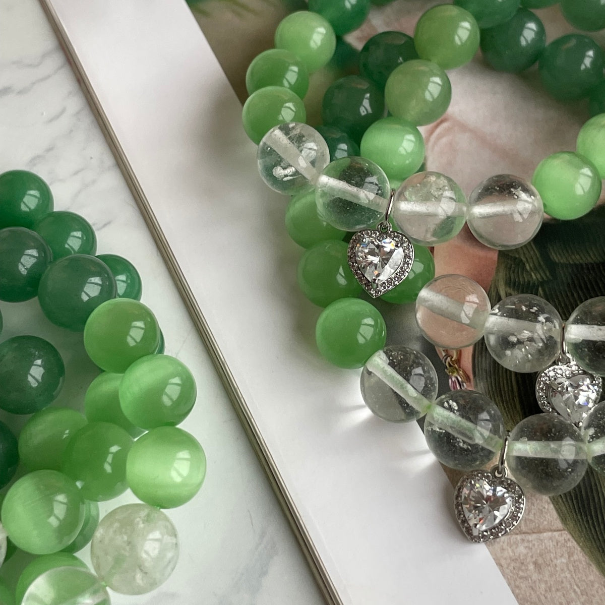 GREEN HARMONY | Aventurine & Clear Quartz Bracelet with Heart Charm