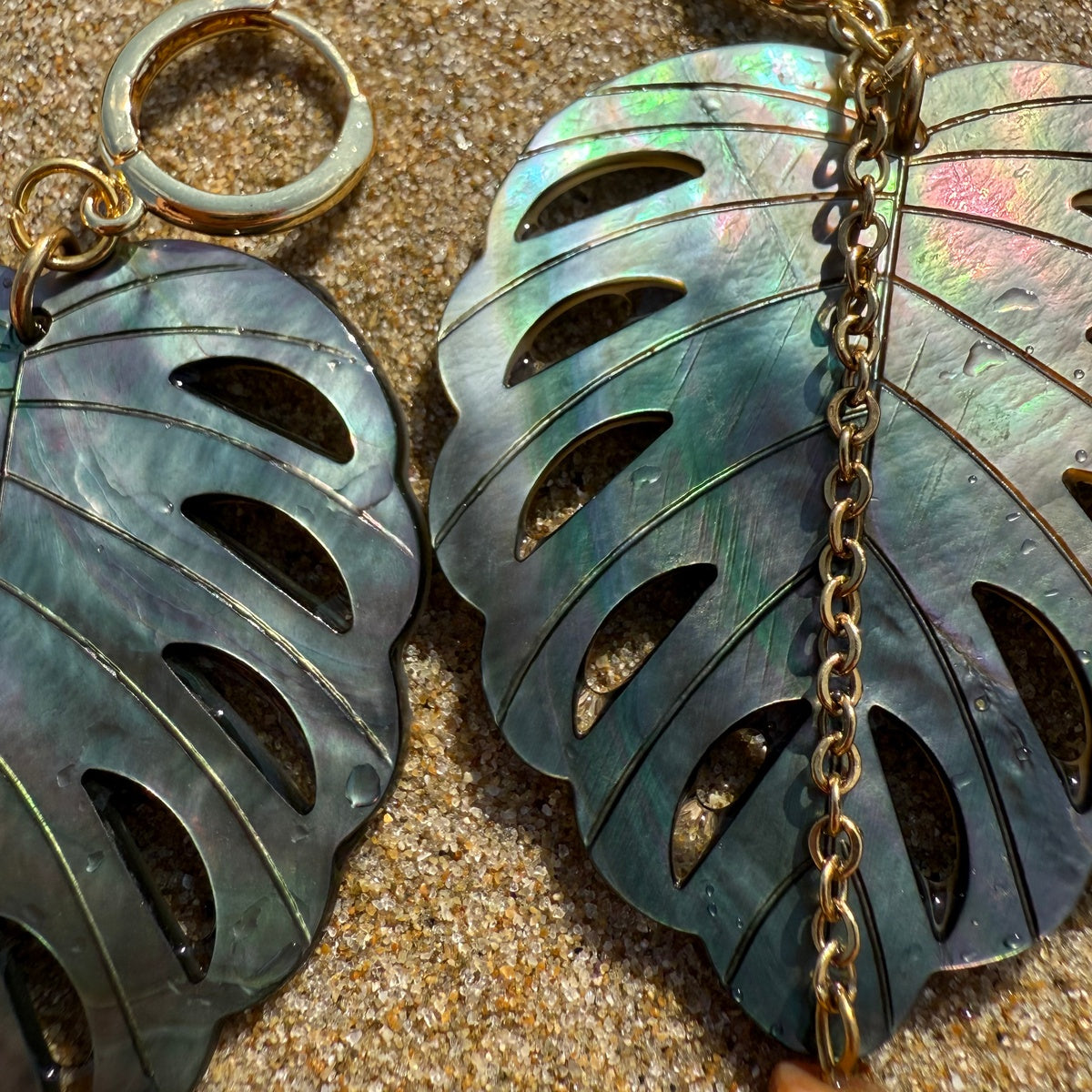 Abalone Shell Monstera Leaf Earrings